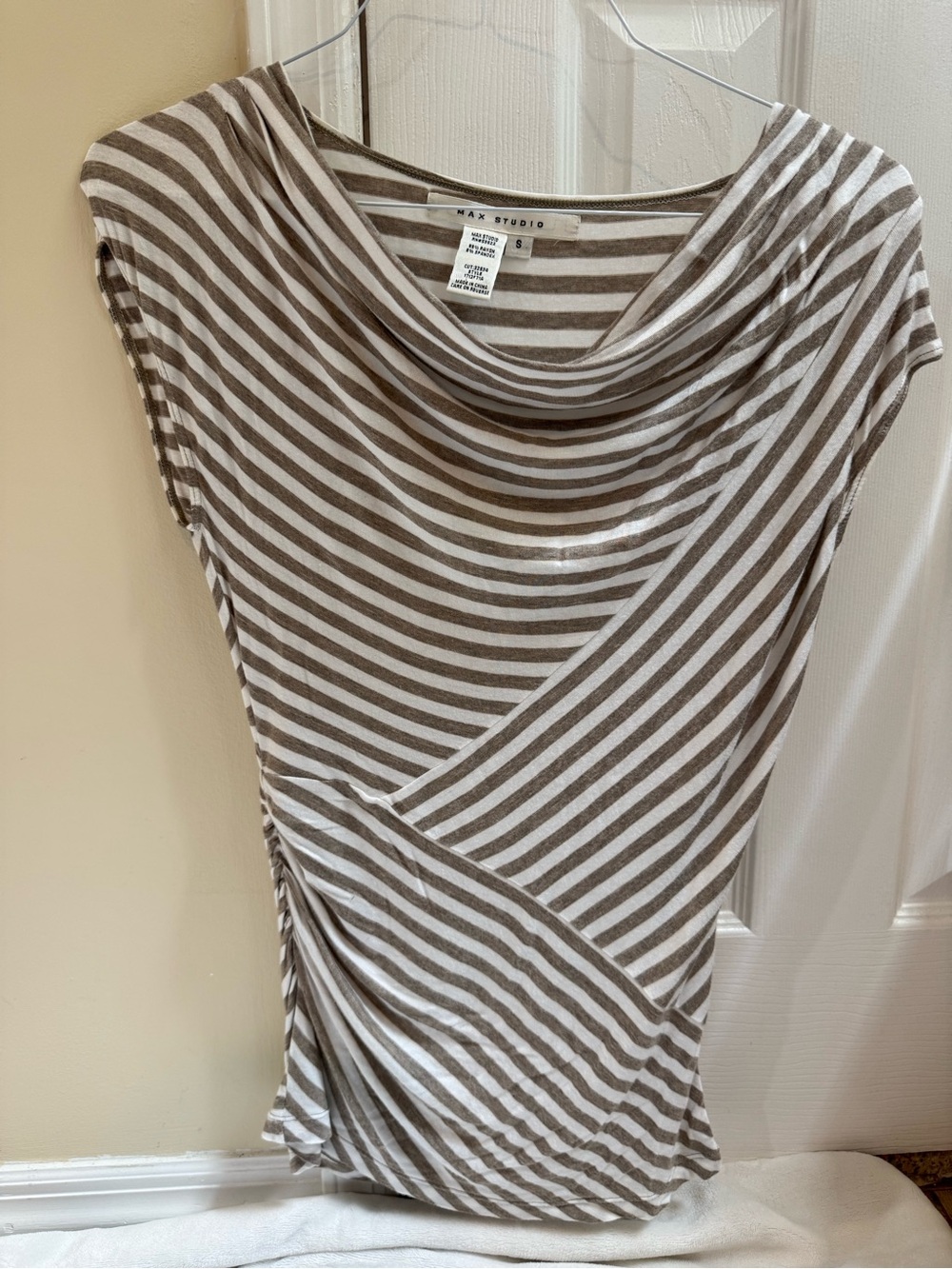 Max Studio Taupe & White Striped Draped Neck Tee